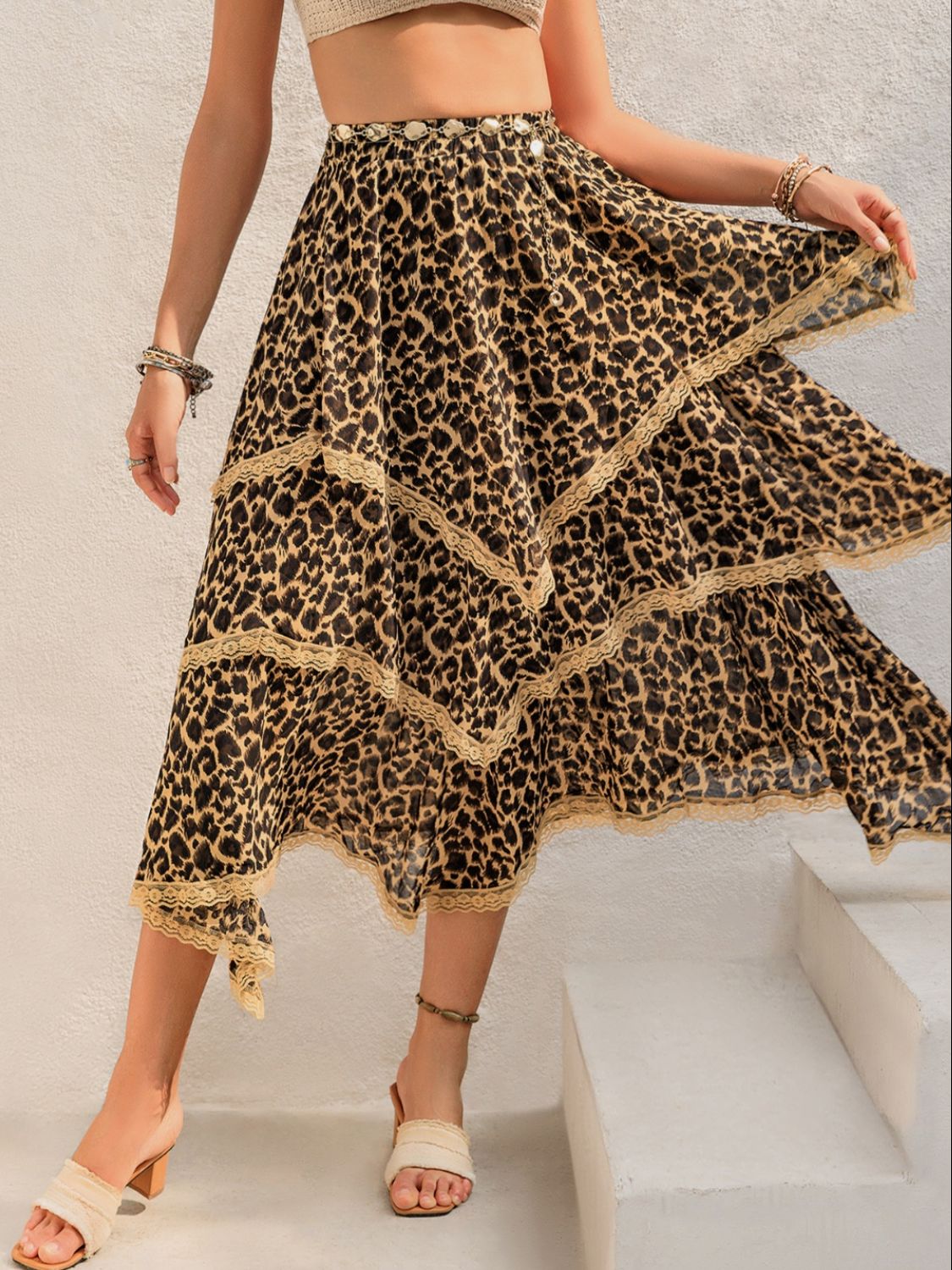 Layered Lace Detail Skirt in 100% Polyester Apparel & Accessories > Clothing > Skirts Detail Lace Lace Detail Layered Print Printed Rusttydustty Ship From Overseas Skirt sync-pinterest