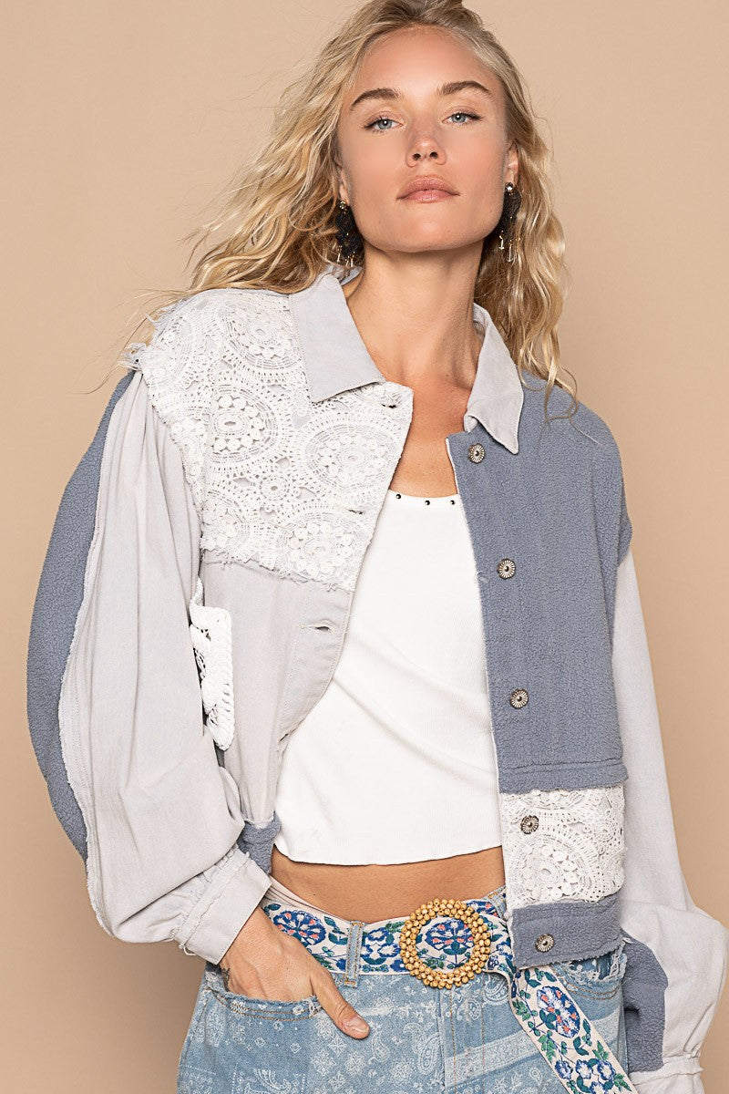 L Denim Blue Button up Jacket - Exposed Seam - Lace Patch Clothing & Accessories > Clothing > Outerwear > Jackets autopostr_pinterest_71901 button crochet exposed jacket patch PinterestNew pol seam