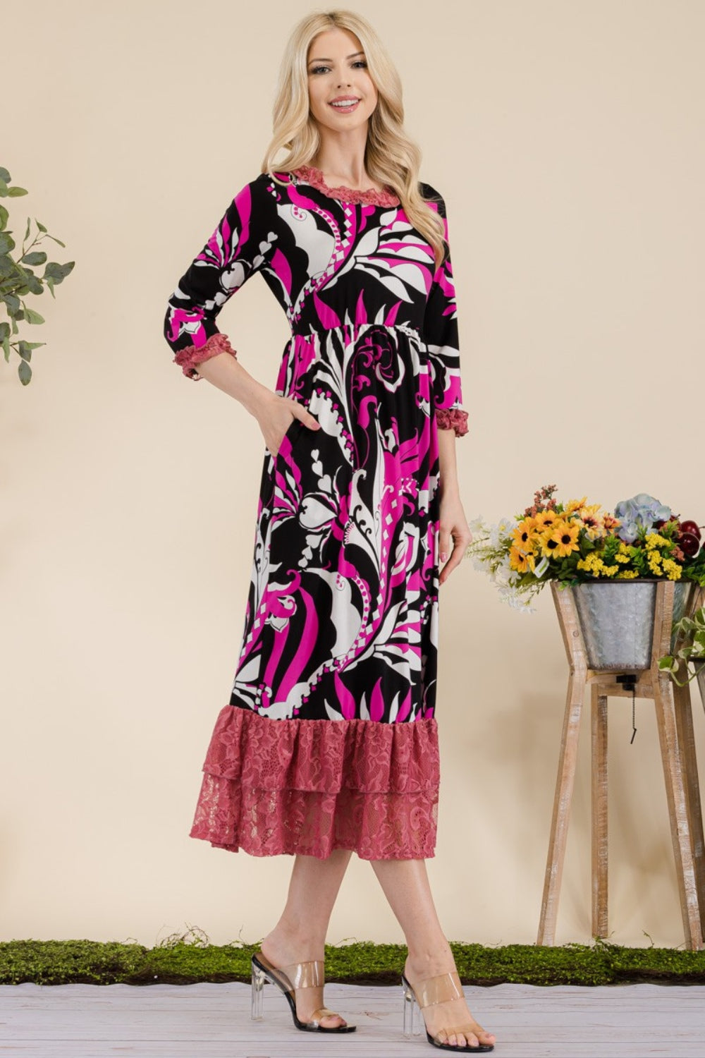 Fuchsia Lace Ruffled Midi Dress Clothing & Accessories > Clothing > Dresses autopostr_pinterest_71118 autopostr_pinterest_71178 autopostr_pinterest_71277 dress full lace midi paisley print ruffled size