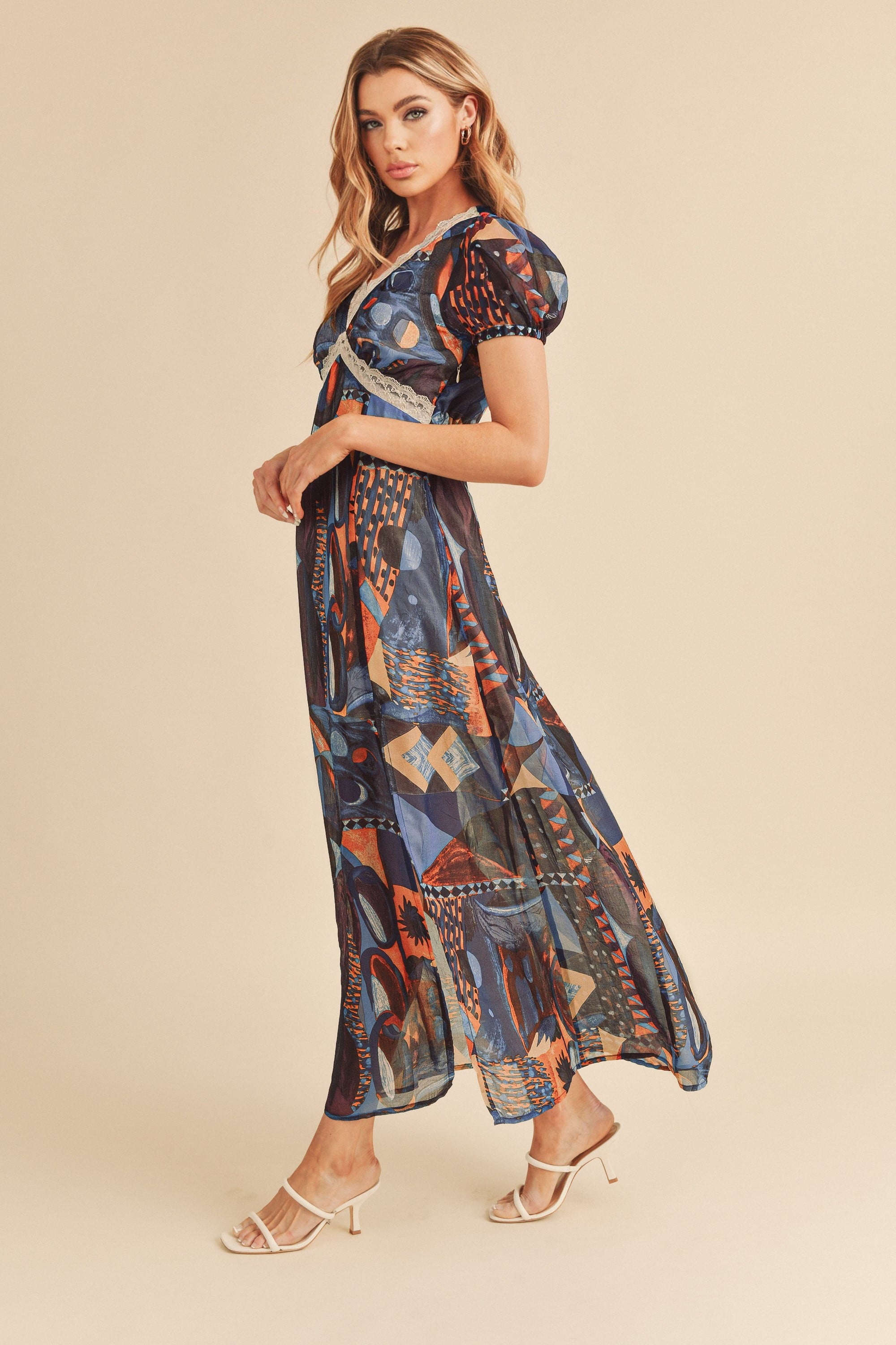 Blue Lace Detail Geometric Print Maxi Dress - Short Sleeve - Slit Aemi+Co Detail Dress Lace Lace Detail Maxi Maxi Dress Only Available for U.S. Residents Print Ship from USA Short Short Sleeve Sleeve Sleeve Maxi Sleeve Maxi Dress Slit sync-pinterest V