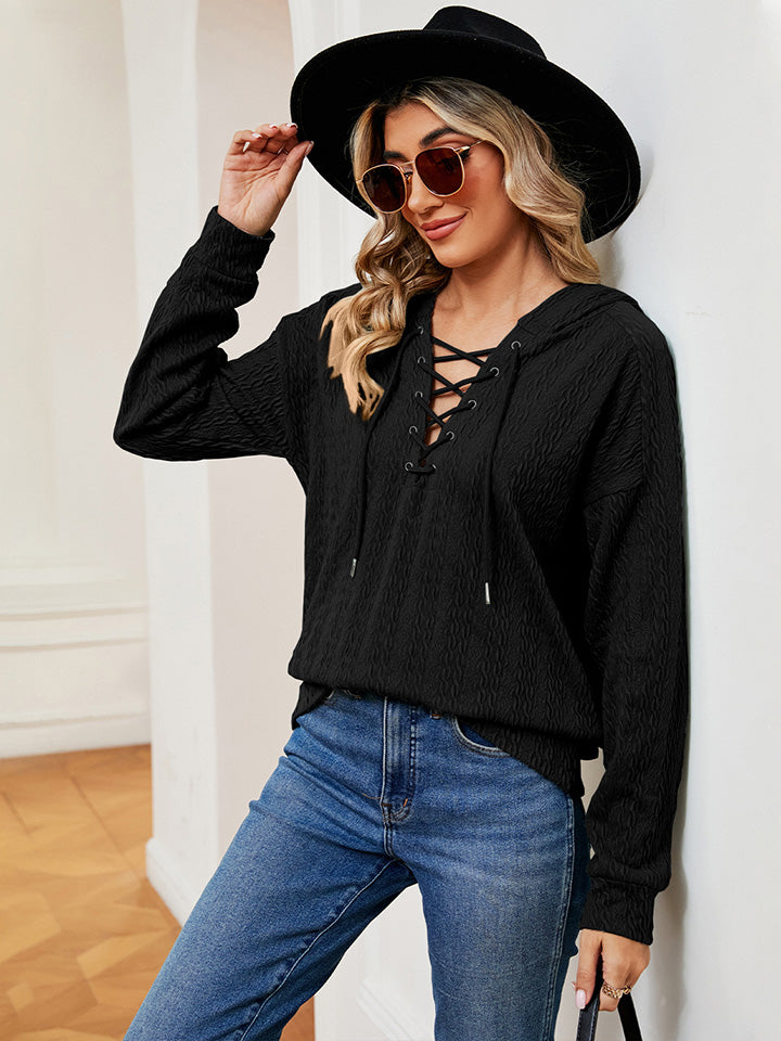 Black Hoodie - Lace-Up Stretch Rayon Opaque Long Sleeve Top Apparel & Accessories > Clothing > Tops > Hoodies M.N.Y Ship From Overseas sync-pinterest