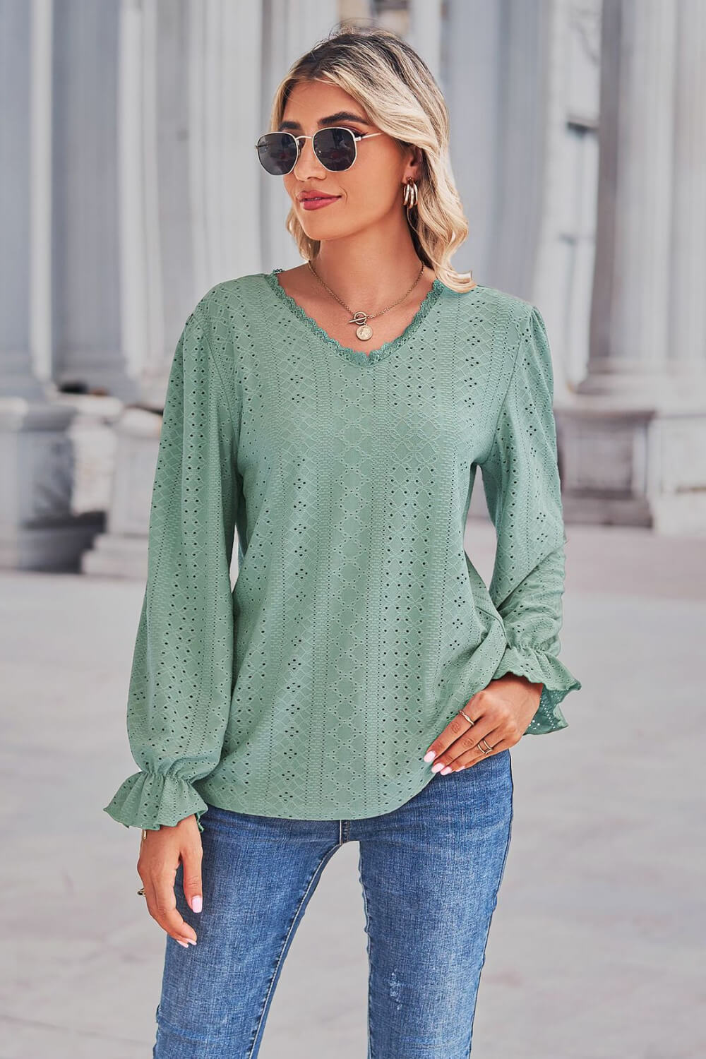 Chic V-Neck Long Sleeve Lace Eyelet Dress with Flounce Sleeves Apparel & Accessories > Clothing > Tops Flounce Flounce Sleeve H&L&L Lace Lace Trim Neck Neck Flounce Neck Flounce Sleeve Ship From Overseas Sleeve Sleeve T Sleeve Top sync-pinterest Top Trim Trim V V