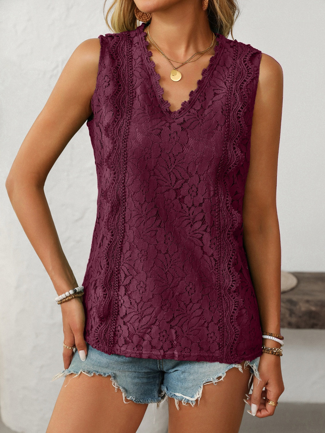 Lace Buttoned Stretch Polyester Top - Various Sizes Available Apparel & Accessories > Clothing > Tops And Lace Mandy Neck Neck Tank Ship From Overseas sync-pinterest Tank V
