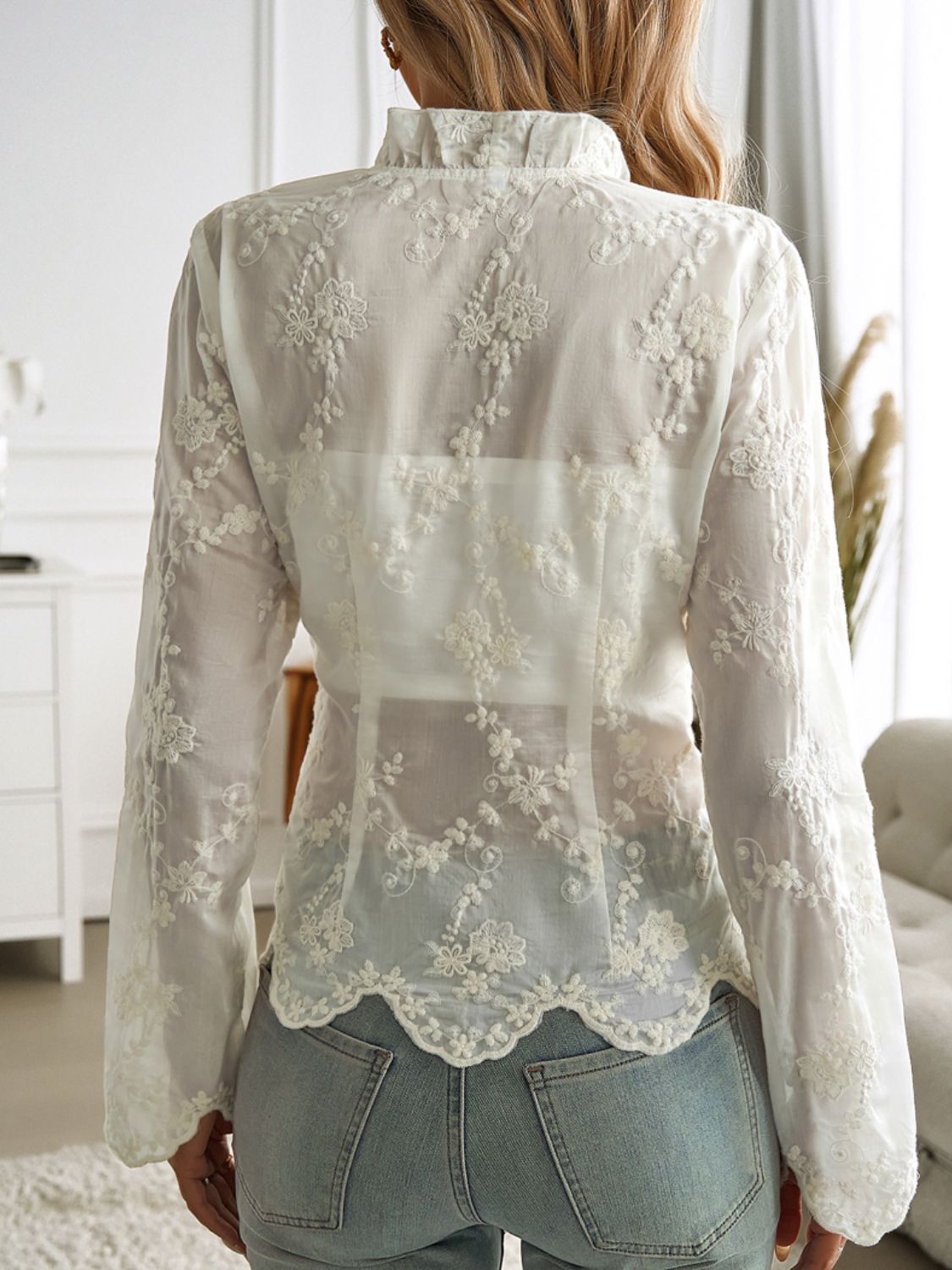 Semi-Sheer Lace Frill Blouse with Tied Detail Apparel & Accessories > Clothing > Tops Devine Frill Lace Lace Top Long Long Sleeve Long Sleeve Lace Neck Neck Long Neck Long Sleeve Ship From Overseas Sleeve Sleeve Lace Sleeve Lace Top sync-pinterest Tie Tied Top V
