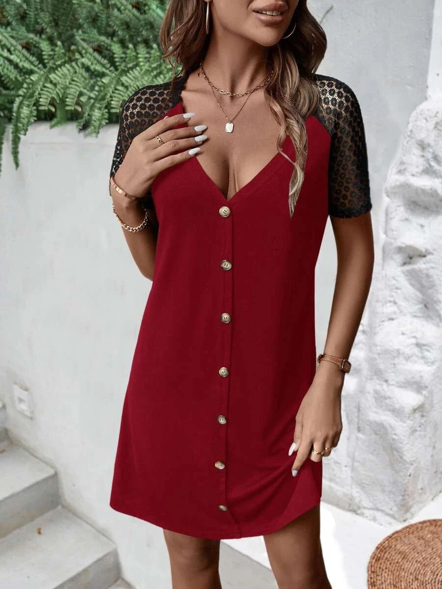 Buttoned V-Neck Raglan Sleeve Dress