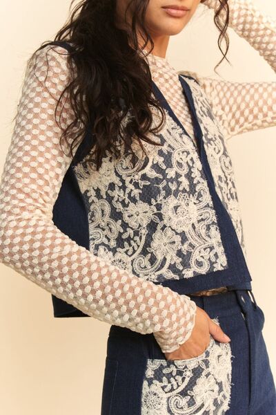 L Lace Patch Open Front Denim Vest Davi & Dani new patch patches patchwork Ship from USA