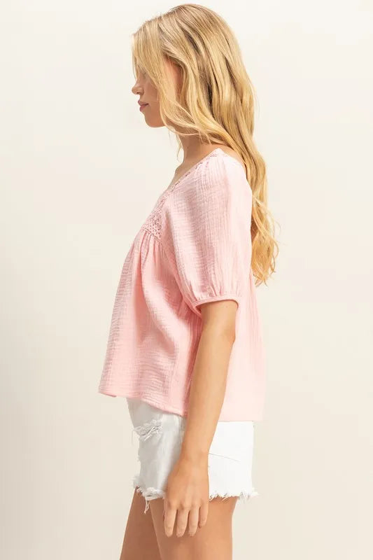 Peasant Top - Cotton Crochet Puff Sleeve - Boho Vintage Style 4-23-usa HYFVE Ship from USA