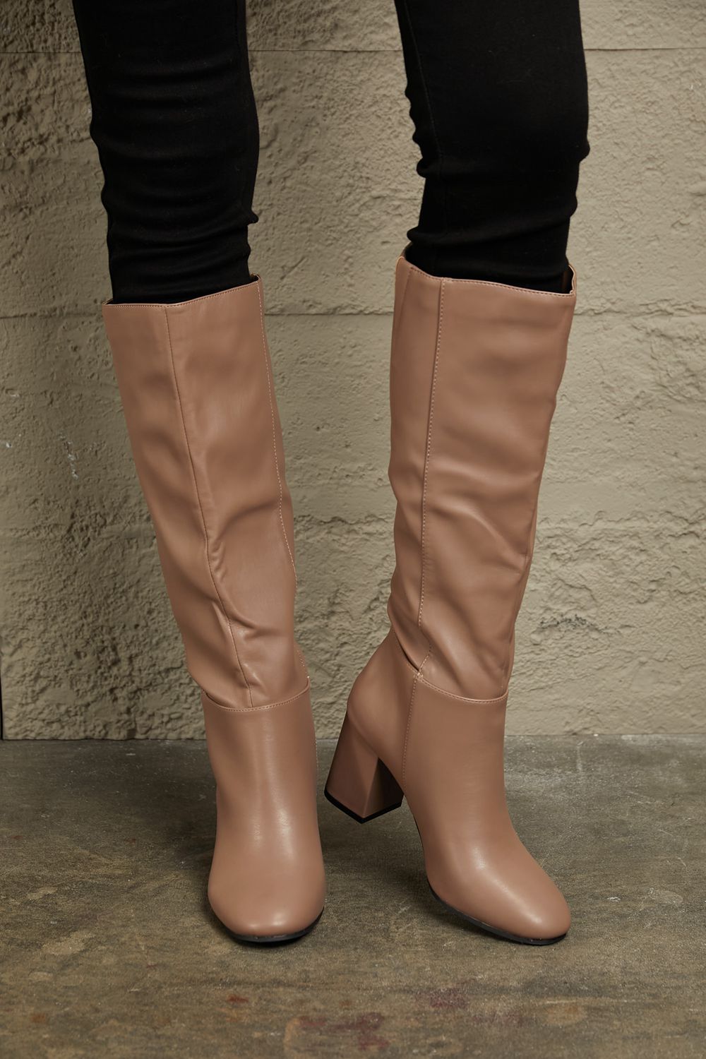 Mocha Faux Leather Boots – Knee-High Block Heels East Lion Corp Ship from USA