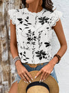 White Black Lace Detail Printed Cap Sleeve Blouse 4-23-overseas Lotus Couture Ship From Overseas