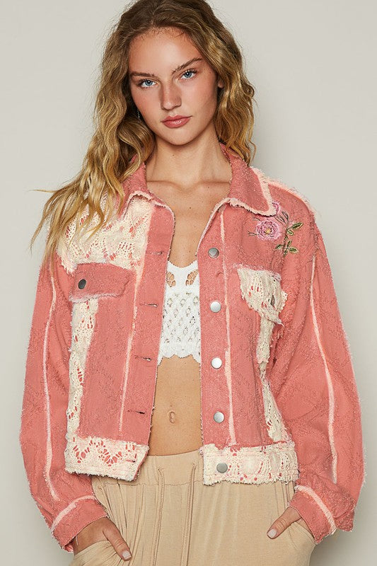 L Pink Button up Jacket - Crochet Patch new POL Ship from USA