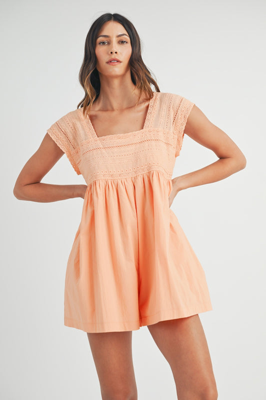 Peach Peach Lace Trim Romper - Square Neck Clothing & Accessories > Clothing > Jumpsuits & Rompers lace mable neck pinterestnew romper square trim