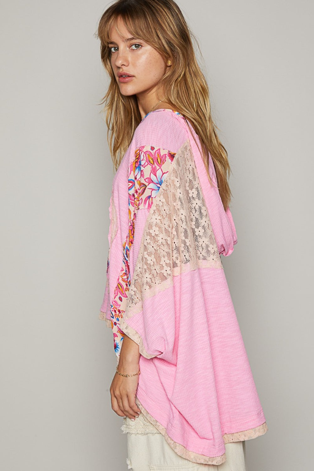 Pink Blush Lace Hooded Top - Peace Patch - V Neck - Floral Clothing & Accessories > Clothing > Tops floral hooded lace neck patch peace pinterestnew pol print top