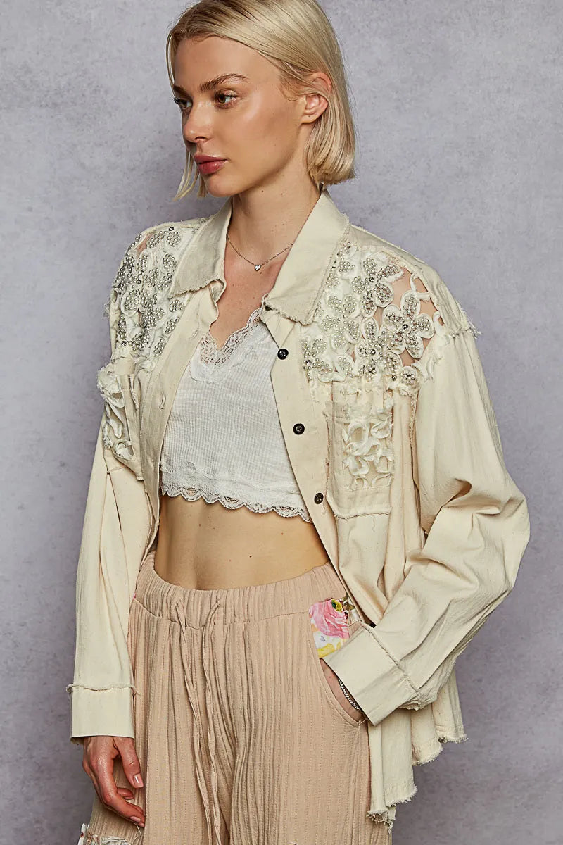 White Cotton Shirt - Boho Embroidery Layering 7-11 POL Ship from USA