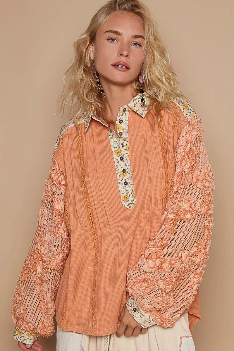 Sherbet Coral Knit Blouse - Bohemian Floral Detail 7-6 POL Ship from USA
