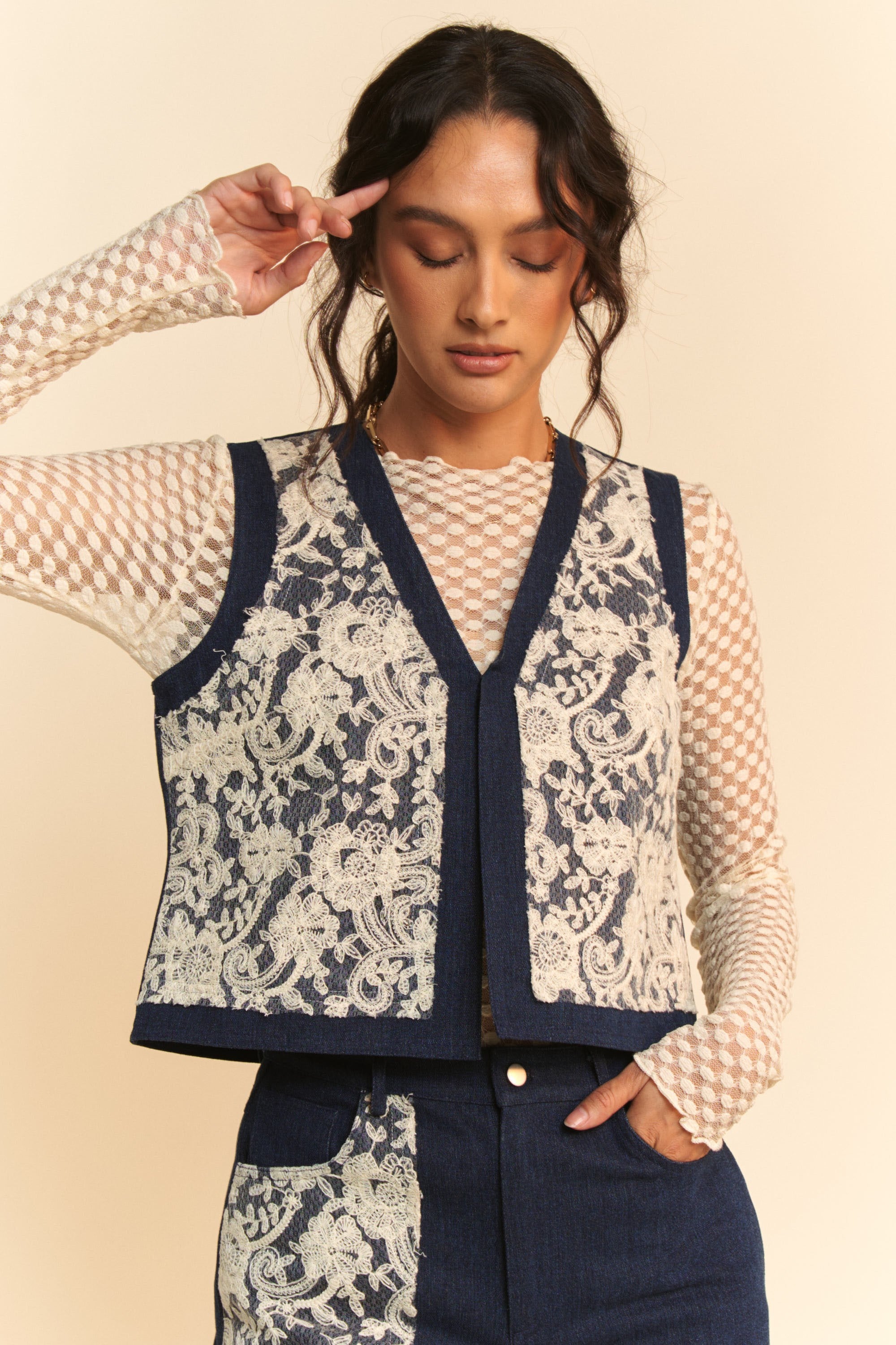 Denim Vest - Open Front - Lace Accents - 100% Cotton Apparel & Accessories > Clothing > Outerwear autopostr_pinterest_72819 Davi & Dani Only Available for U.S. Residents Ship from USA sync-pinterest