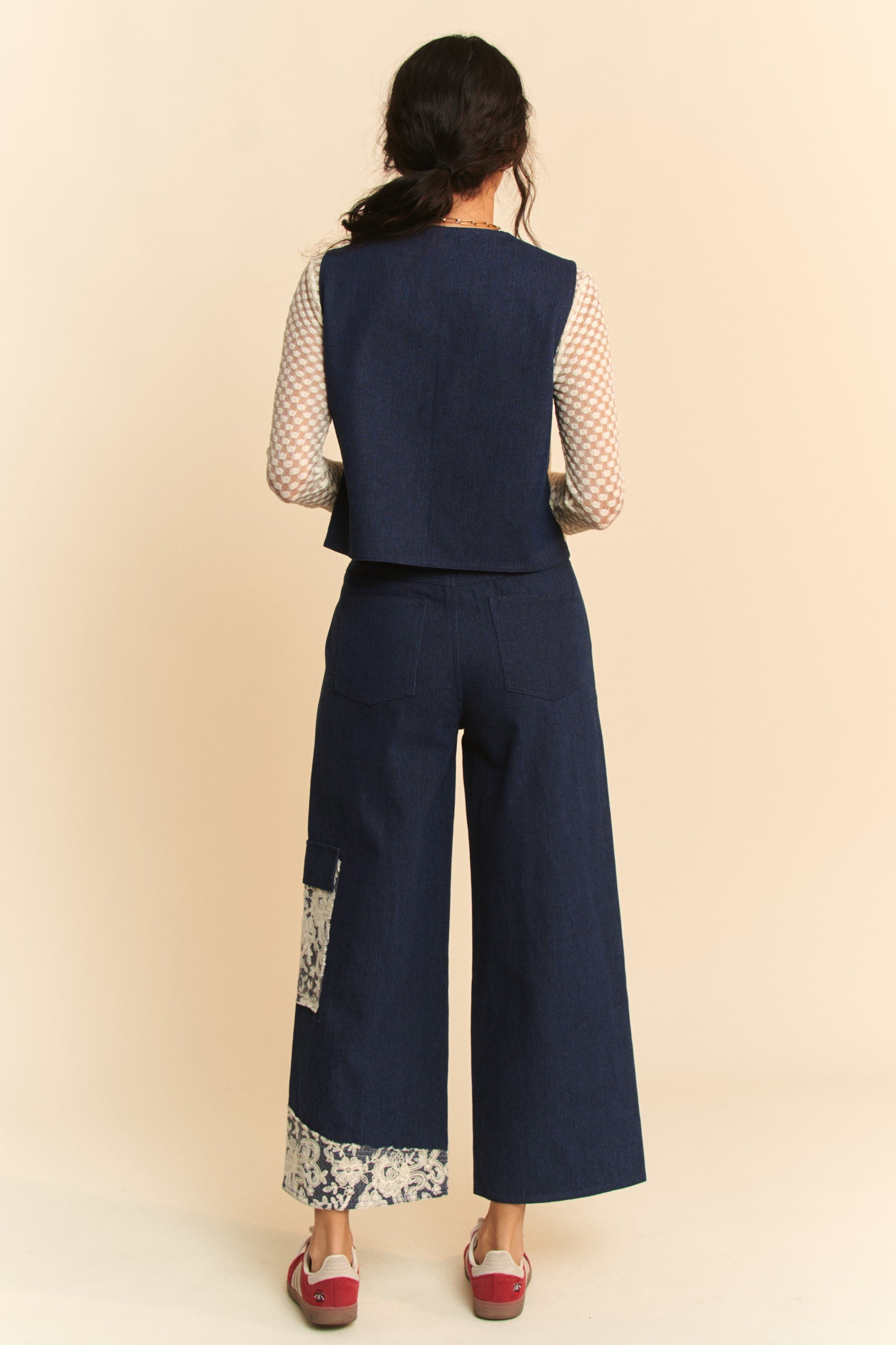 Denim Vest - Open Front - Lace Accents - 100% Cotton Apparel & Accessories > Clothing > Outerwear autopostr_pinterest_72819 Davi & Dani Only Available for U.S. Residents Ship from USA sync-pinterest