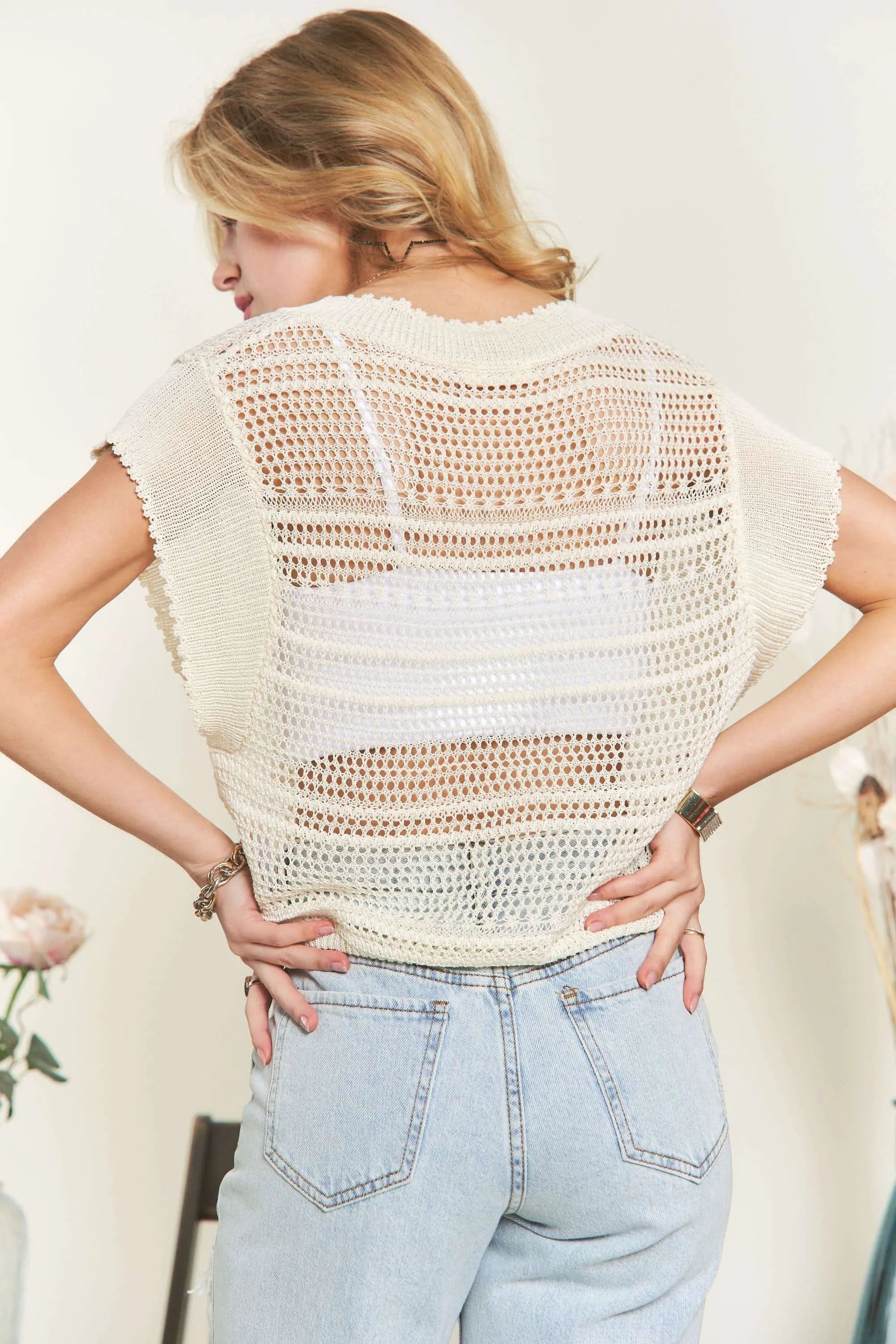 Beige Viscose Crochet Top - Bohemian, Elegant, Versatile 7-6 ADORA Ship from USA