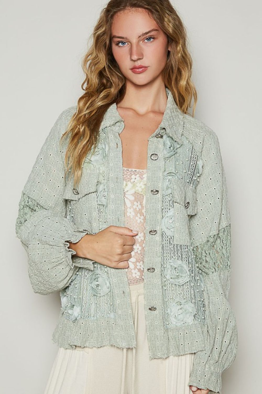 SAGE Eyelet Flower Pearl Lace Patchwork Ruffled Shirt Apparel & Accessories > Clothing > Tops Only Available for U.S. Residents POL Ship from USA sync-pinterest