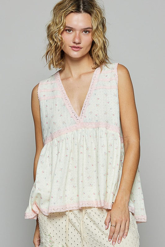 Cream Sleeveless Peplum Blouse - Floral Lace V-Neck Top Apparel & Accessories > Clothing > Tops autopostr_pinterest_72819 Only Available for U.S. Residents POL Ship from USA sync-pinterest