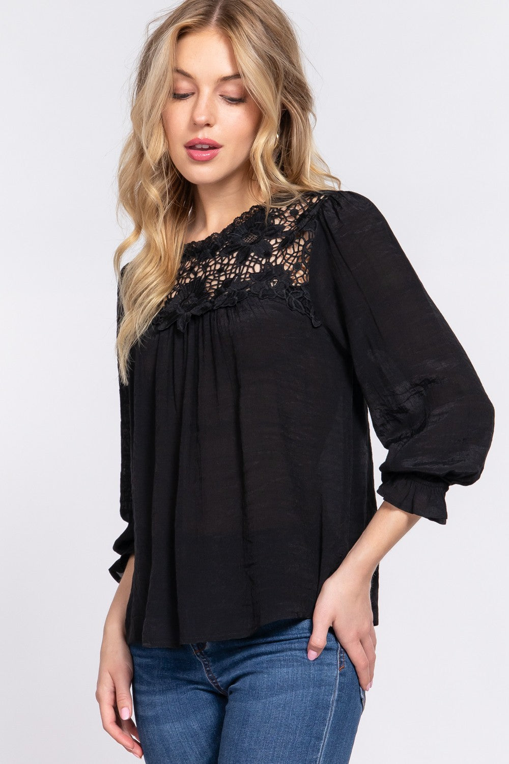 Black Blouse - Flounce Sleeve - Crochet Lace Top Clothing & Accessories > Clothing > Tops autopostr_pinterest_71118 autopostr_pinterest_71178 autopostr_pinterest_71277 blouse crochet flounce lace panel sleeve