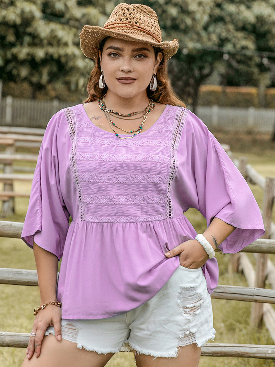 Lavender Plus Size Lace Detail Viscose Blouse with Machine Washable Care Apparel & Accessories > Clothing > Tops > Blouses Blouse Detail H.R.Z Lace Lace Detail Neck Round Round Neck Ship From Overseas Sleeve Sleeve Blouse sync-pinterest T V