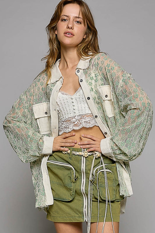 Sage Sage Oversized Lace Shirt - Button Down - Front Pocket Clothing & Accessories > Clothing > Tops > Shirts button front lace oversize pinterestnew pocket pol shirt