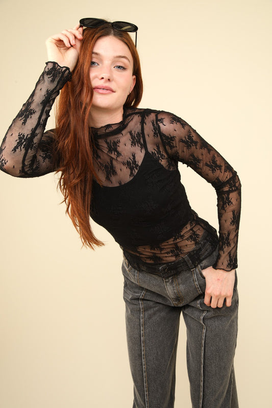 Black Mock Neck Fitted Sheer Mesh Lace Blouse Clothing & Accessories > Clothing > Tops > Blouses autopostr_pinterest_71118 autopostr_pinterest_71178 autopostr_pinterest_71277 blouse fitted lace mesh mock neck sheer