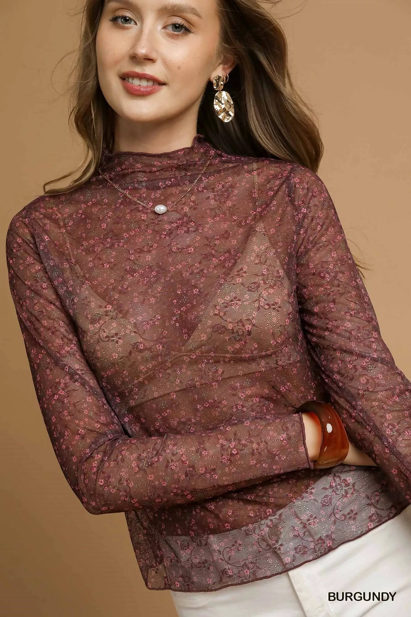 Women’s Nylon Lace Mesh Sheer Long Sleeve Top 9-7 Ship from USA Umgee USA