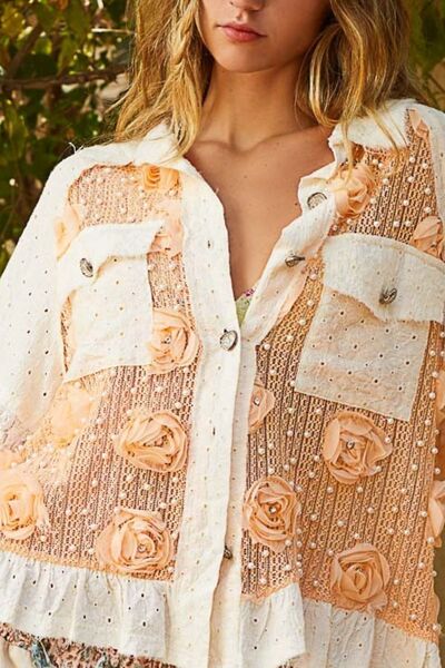 Apricot Lace Patchwork Shirt - Flower Pearl Details new POL Ship from USA