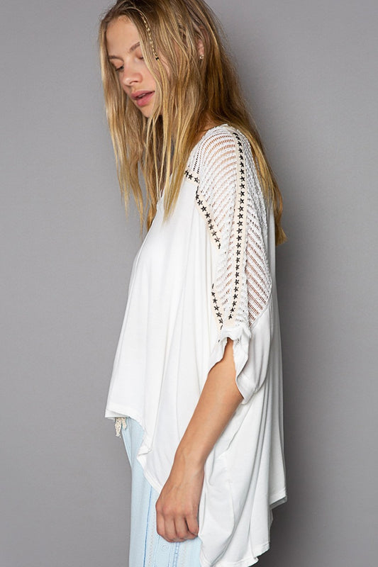 Ivory Oversized Lace Top - V Neck Clothing & Accessories > Clothing > Tops autopostr_pinterest_71901 contrast crochet lace neck oversize PinterestNew pol studded top