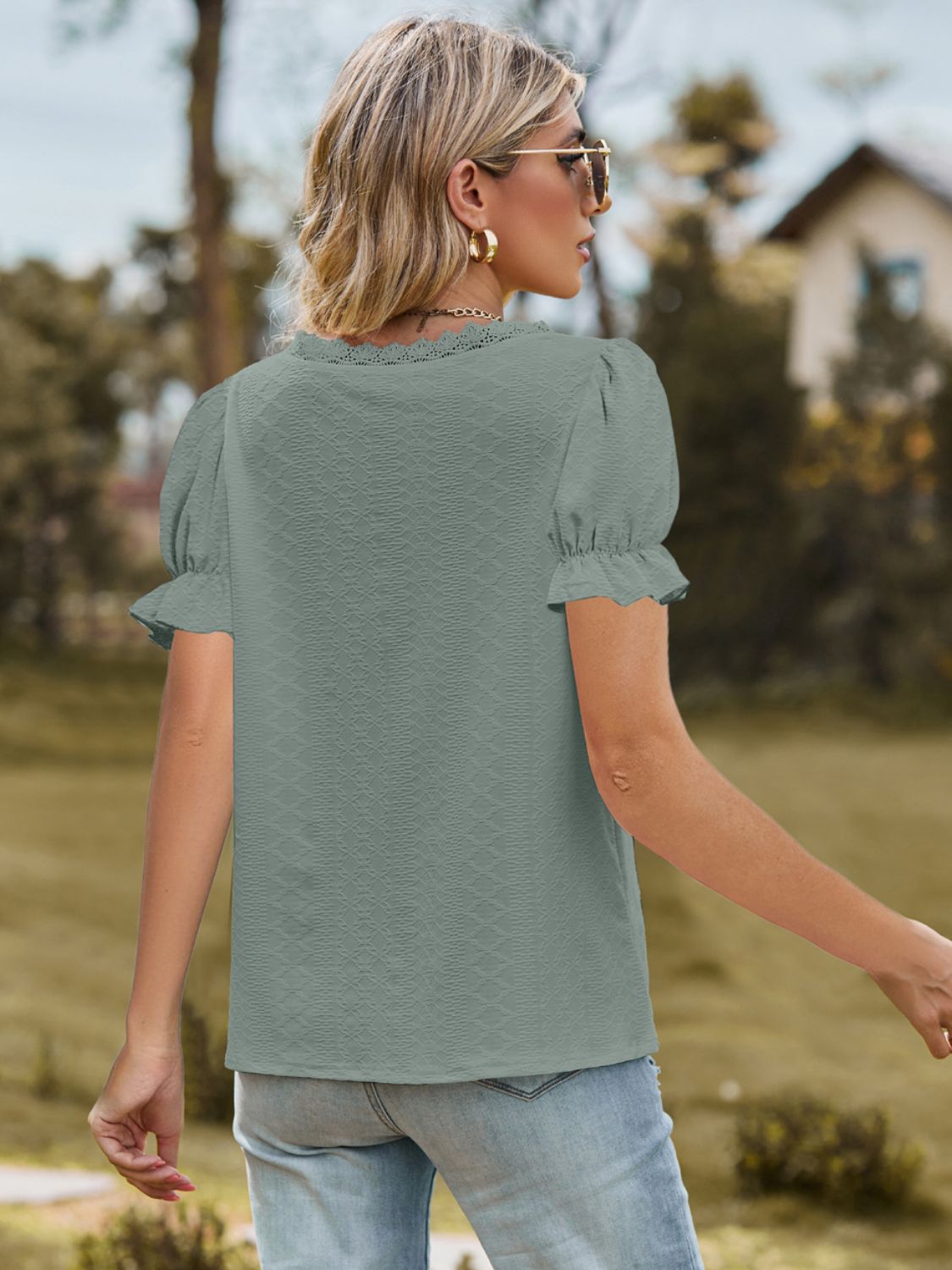 Women's Lace Detail Top with Slight Stretch Apparel & Accessories > Clothing > Tops Blouse Detail Detail V Flounce Flounce Sleeve Flounce Sleeve Blouse K.C Lace Lace Detail Neck Neck Flounce Neck Flounce Sleeve Ship From Overseas Sleeve Sleeve Blouse sync-pinterest T V