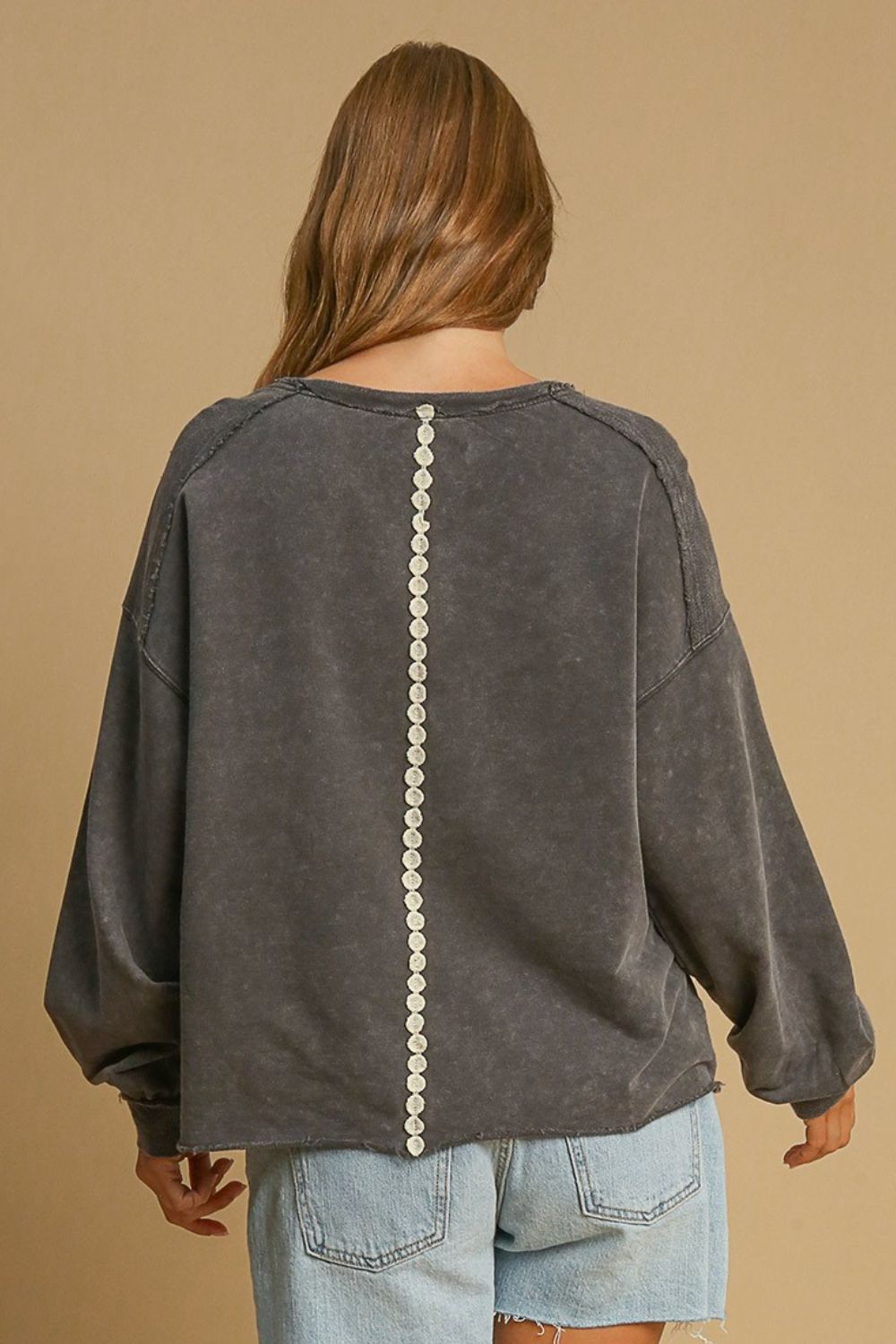 Sweatshirt - Lace Applique - Exposed Seams - Mineral Wash Cotton Apparel & Accessories > Clothing > Tops autopostr_pinterest_71901 autopostr_pinterest_72819 Only Available for U.S. Residents Ship from USA sync-pinterest Umgee USA