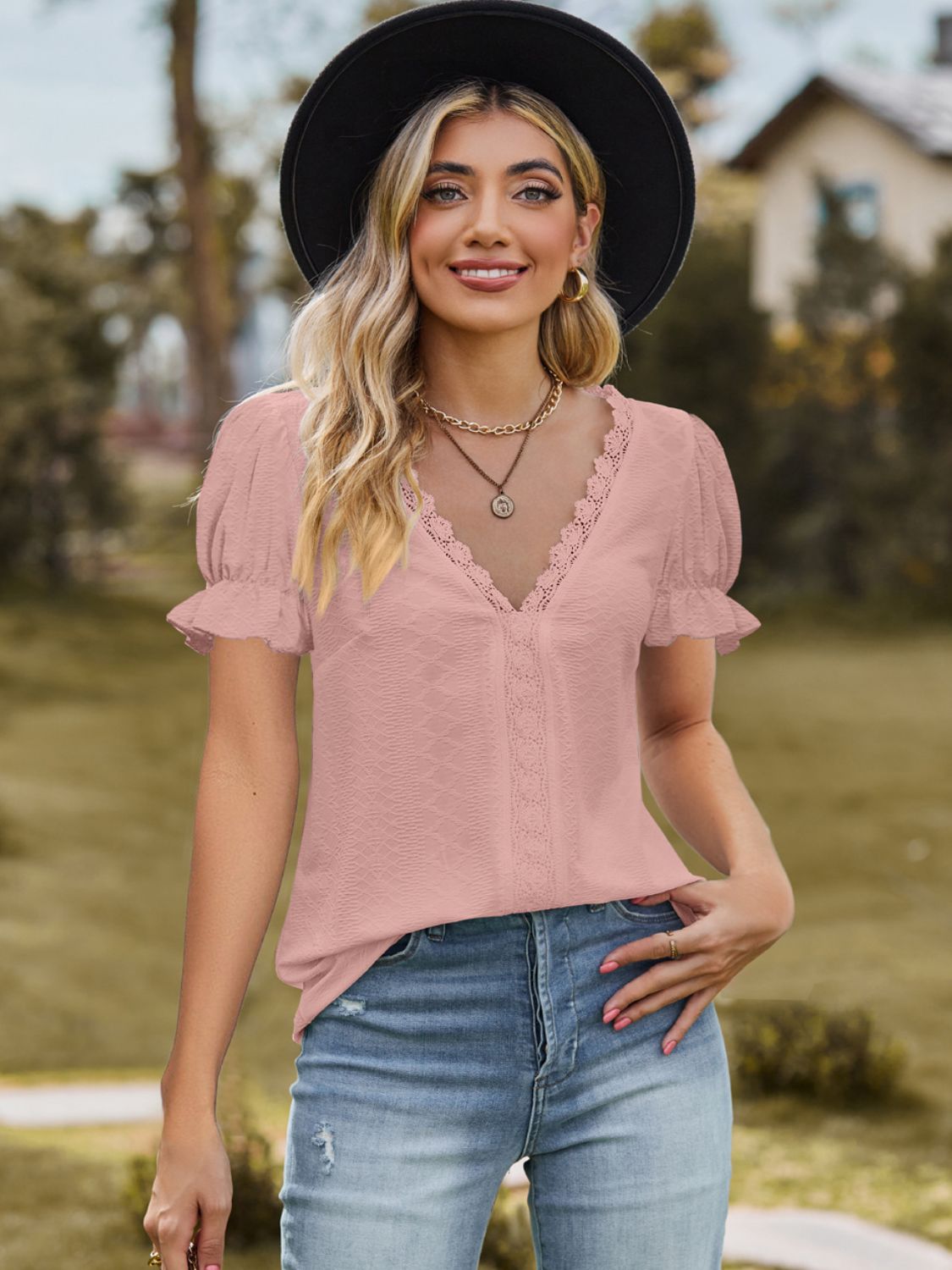 Women's Lace Detail Top with Slight Stretch Apparel & Accessories > Clothing > Tops Blouse Detail Detail V Flounce Flounce Sleeve Flounce Sleeve Blouse K.C Lace Lace Detail Neck Neck Flounce Neck Flounce Sleeve Ship From Overseas Sleeve Sleeve Blouse sync-pinterest T V