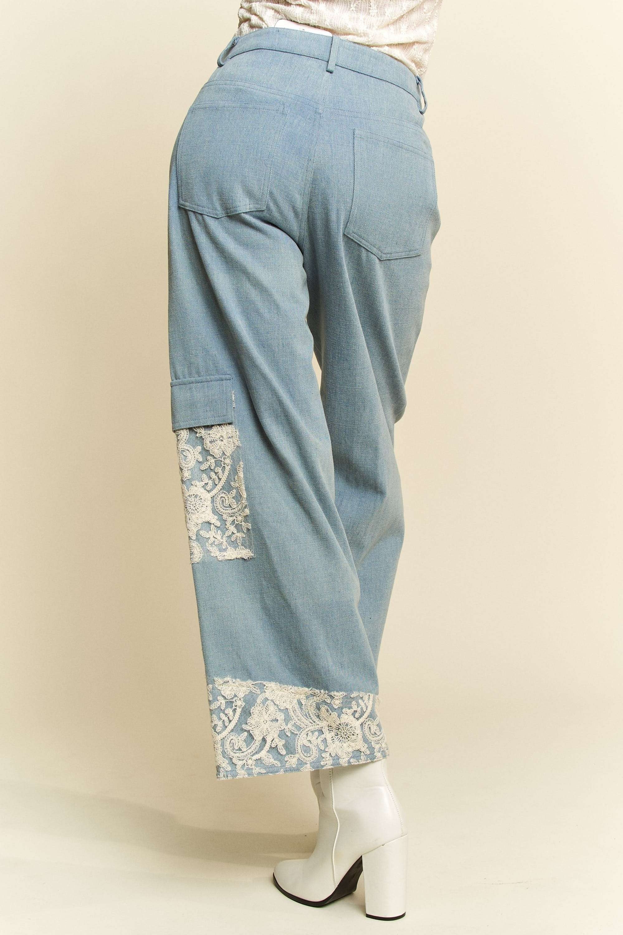 Wide Leg Denim Pants - Lace Applique - No Stretch - 100% Cotton Apparel & Accessories > Clothing > Pants Applique autopostr_pinterest_71901 autopostr_pinterest_72819 Davi & Dani Lace Leg Only Available for U.S. Residents Ship from USA sync-pinterest Wide Wide Leg