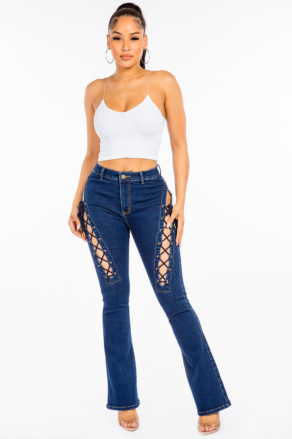 High-Rise Denim Jeans - Stretch Lace-Up Detail - Blue Apparel & Accessories > Clothing > Pants American Bazi High Lace Lace Up Only Available for U.S. Residents Ship from USA sync-pinterest Up