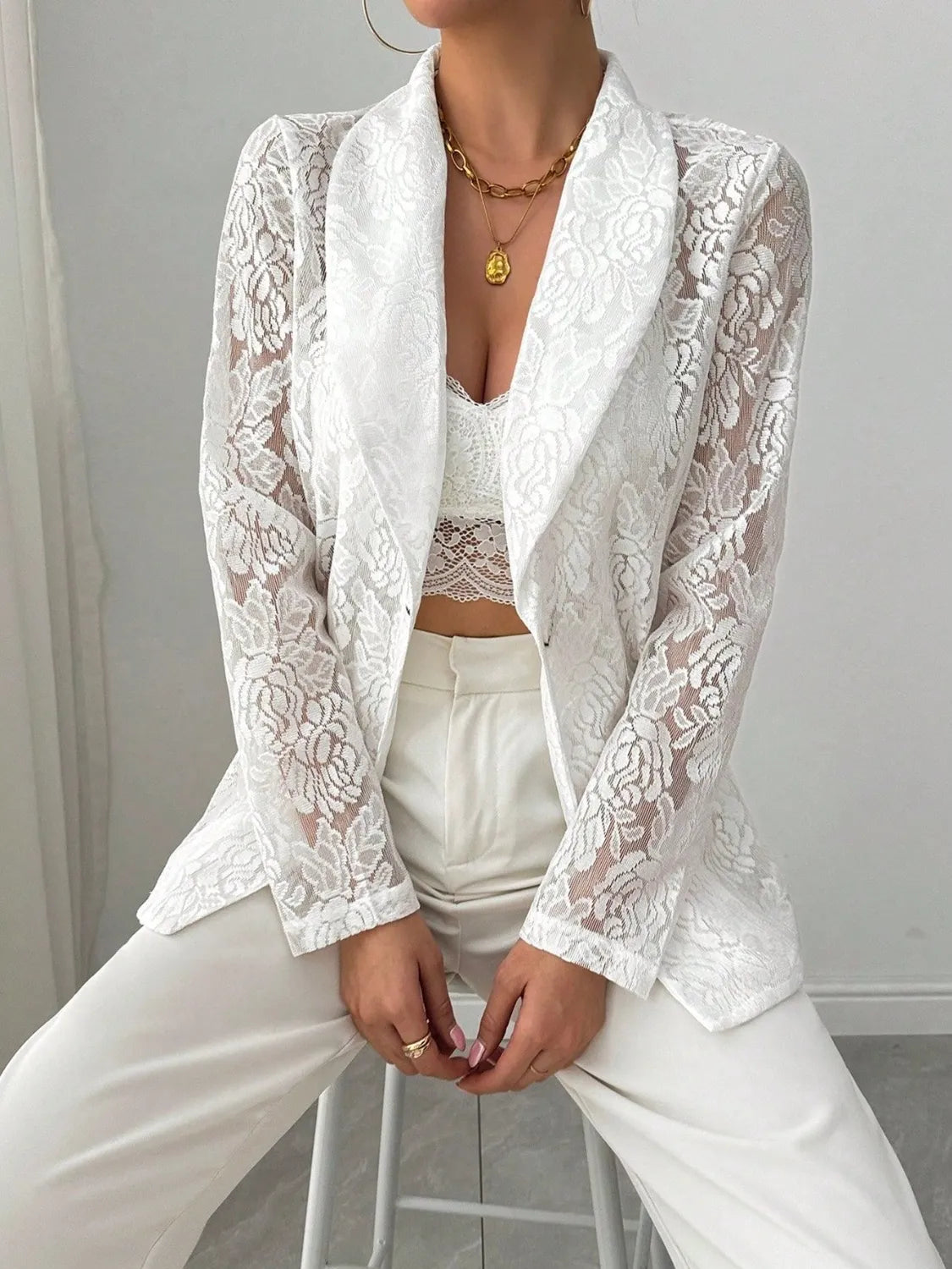 Blazer - Long Sleeve - Lace Lapel Collar - Structured - Lightweight - Casual 4-29 Ship From Overseas WXFS