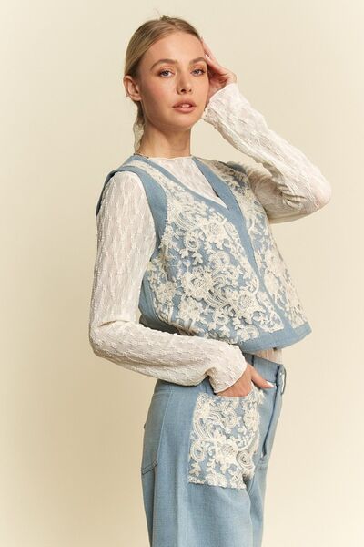 Light Lace Patch Open Front Denim Vest Davi & Dani new patch patches patchwork Ship from USA