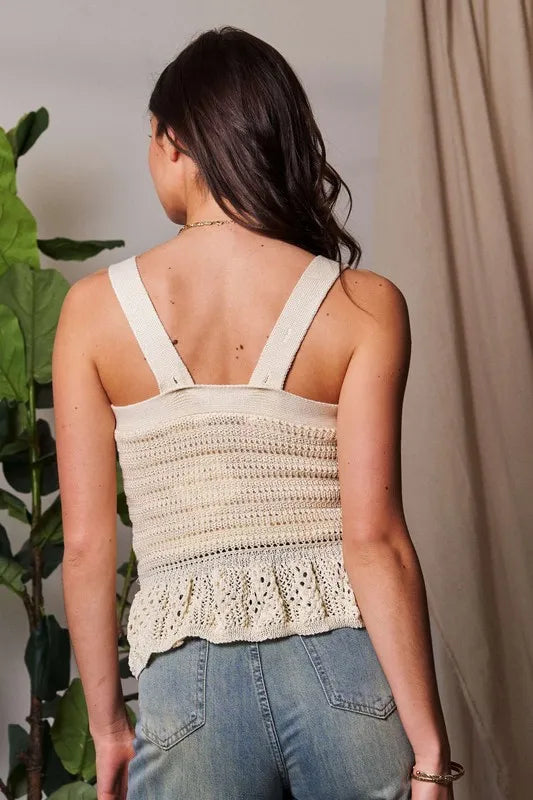 Crochet Beige Peplum Tank - Chic, Feminine, Trendy 7-6 Davi & Dani Ship from USA