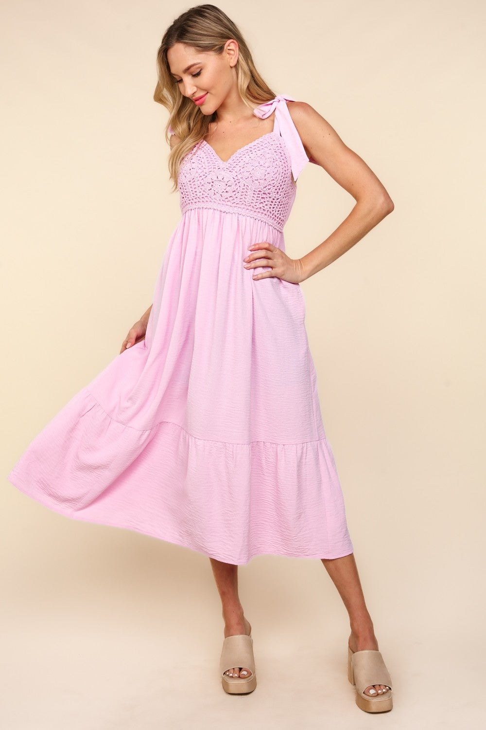 Pink Pink Midi Dress - Cami - Lace Ruffles Clothing & Accessories > Clothing > Dresses autopostr_pinterest_71178 autopostr_pinterest_71277 cami crochet dress hem lace midi ruffle