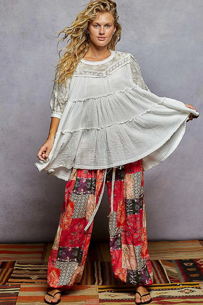 Lace Trim Cotton Blouse - Boho Ruffle Chic 7-11 POL Ship from USA