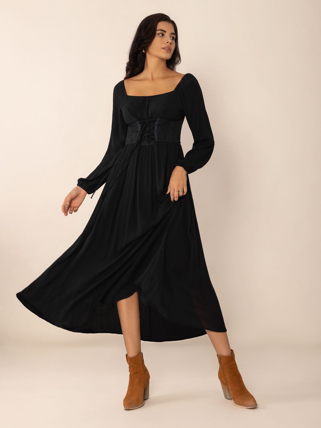 Women's Ruched Lace-Up Dress in 100% Viscose Apparel & Accessories > Clothing > Dresses Dress Lace Long Long Sleeve Long Sleeve Midi Midi Midi Dress Neck Neck Long Neck Long Sleeve Rustty Dustty Ship From Overseas Sleeve Sleeve Midi Sleeve Midi Dress Square Square Neck Square Neck Long sync-pinterest Up V