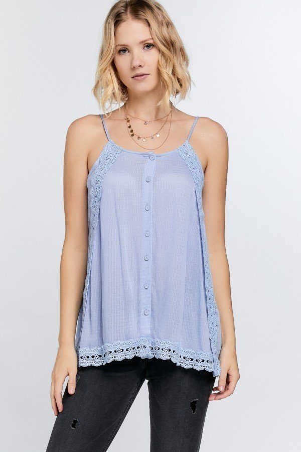 boho button-down cami top, scallop lace trim cami, textured slit side overlay top, layered cami with lace detail, solid cami top with overlay, button-down camisole with lace trim, bohemian lace detailed cami, subtle textured cami top with slit side, layered cami with scallop lace trim