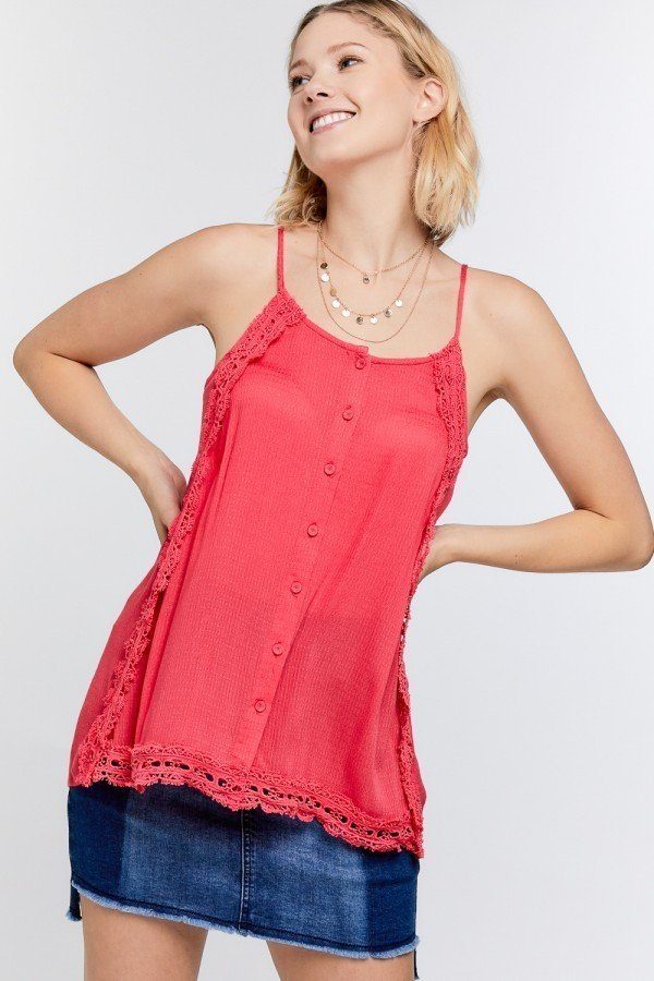 boho button-down cami top, scallop lace trim cami, textured slit side overlay top, layered cami with lace detail, solid cami top with overlay, button-down camisole with lace trim, bohemian lace detailed cami, subtle textured cami top with slit side, layered cami with scallop lace trim