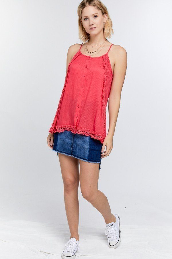 boho button-down cami top, scallop lace trim cami, textured slit side overlay top, layered cami with lace detail, solid cami top with overlay, button-down camisole with lace trim, bohemian lace detailed cami, subtle textured cami top with slit side, layered cami with scallop lace trim