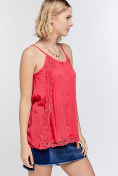 boho button-down cami top, scallop lace trim cami, textured slit side overlay top, layered cami with lace detail, solid cami top with overlay, button-down camisole with lace trim, bohemian lace detailed cami, subtle textured cami top with slit side, layered cami with scallop lace trim