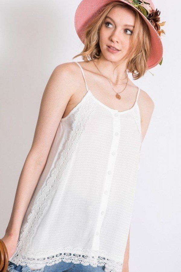 boho button-down cami top, scallop lace trim cami, textured slit side overlay top, layered cami with lace detail, solid cami top with overlay, button-down camisole with lace trim, bohemian lace detailed cami, subtle textured cami top with slit side, layered cami with scallop lace trim