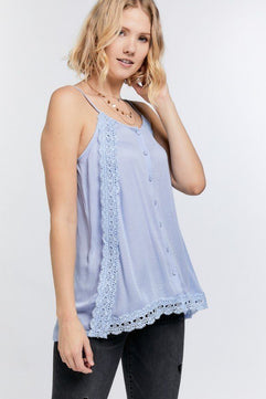 boho button-down cami top, scallop lace trim cami, textured slit side overlay top, layered cami with lace detail, solid cami top with overlay, button-down camisole with lace trim, bohemian lace detailed cami, subtle textured cami top with slit side, layered cami with scallop lace trim