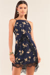 navy floral halter dress, sleeveless slip mini dress, front self-tie dress, lace trim mini dress