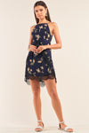 navy floral halter dress, sleeveless slip mini dress, front self-tie dress, lace trim mini dress