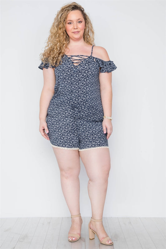 plus size navy floral romper, floral print romper, lace-up romper, plus size floral lace romper